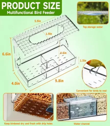A transparent, house-shaped bird feeder tray attached to a window with suction cups, containing birdseed. The feeder is waterproof and designed for outdoor use. 1